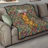 Sierra Leone Quilt with Cute Lion Playing Djembe Drum and Tribal Pattern Design