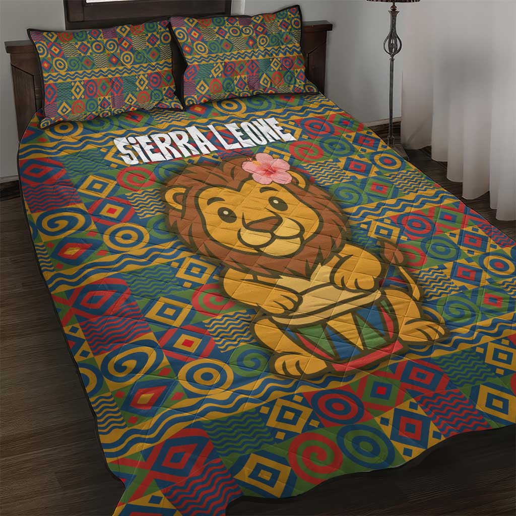 Sierra Leone Quilt Bed Set with Cute Lion Playing Djembe Drum and Tribal Pattern Design