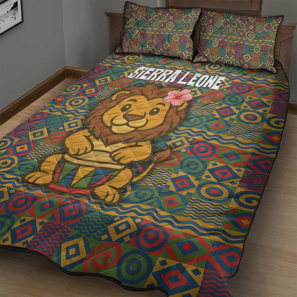 Sierra Leone Quilt Bed Set with Cute Lion Playing Djembe Drum and Tribal Pattern Design