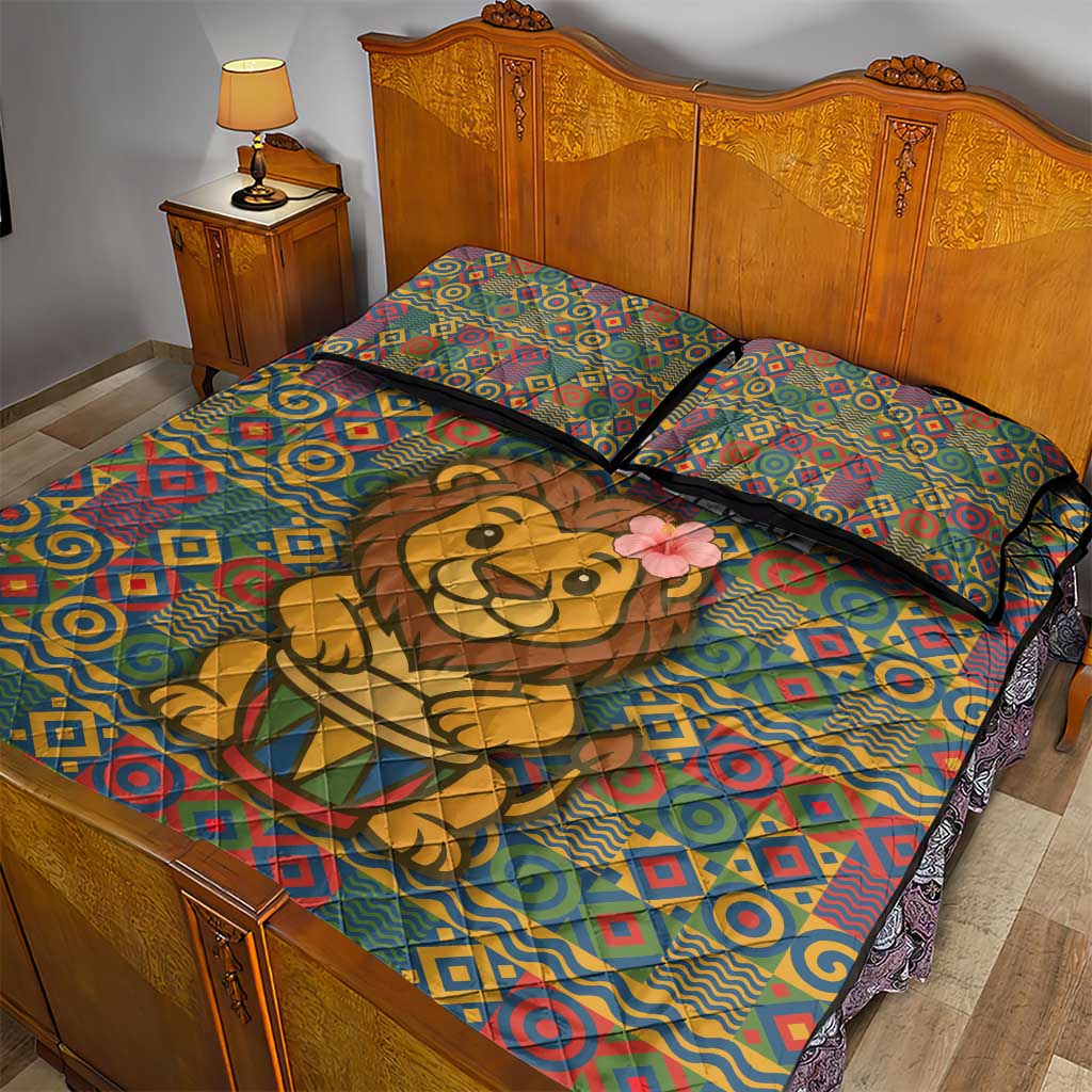 Sierra Leone Quilt Bed Set with Cute Lion Playing Djembe Drum and Tribal Pattern Design
