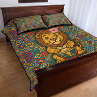 Sierra Leone Quilt Bed Set with Cute Lion Playing Djembe Drum and Tribal Pattern Design