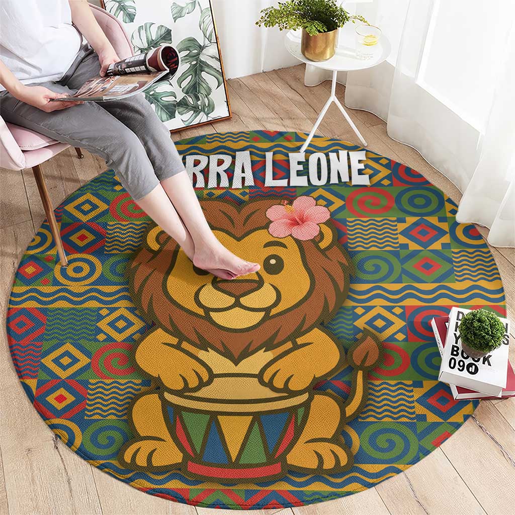 Sierra Leone Round Carpet with Cute Lion Playing Djembe Drum and Tribal Pattern Design