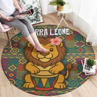 Sierra Leone Round Carpet with Cute Lion Playing Djembe Drum and Tribal Pattern Design