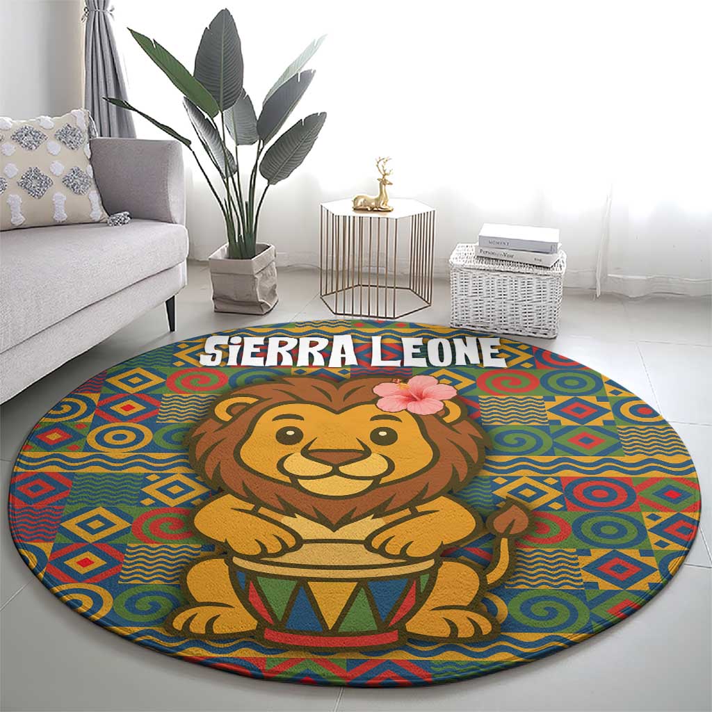 Sierra Leone Round Carpet with Cute Lion Playing Djembe Drum and Tribal Pattern Design