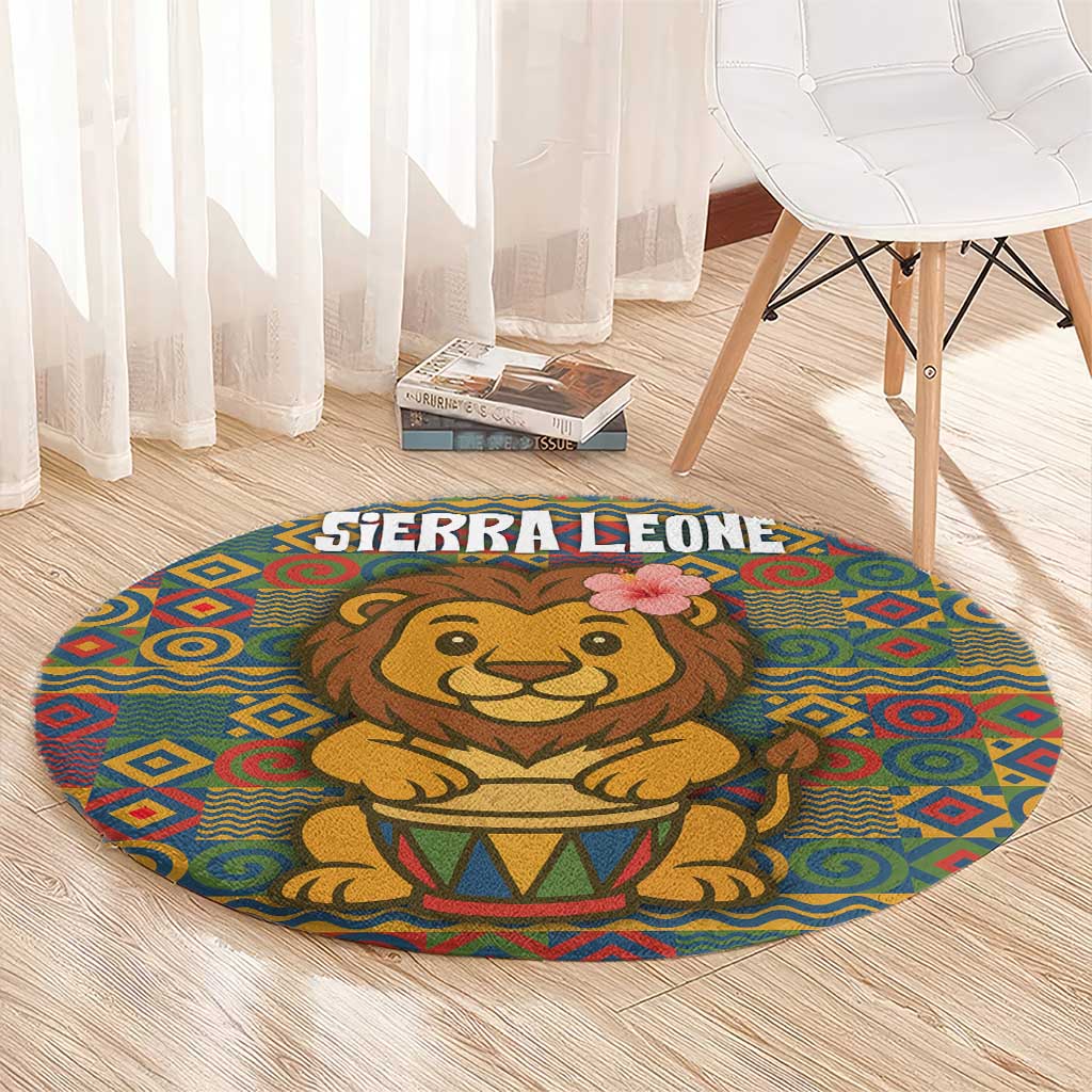 Sierra Leone Round Carpet with Cute Lion Playing Djembe Drum and Tribal Pattern Design