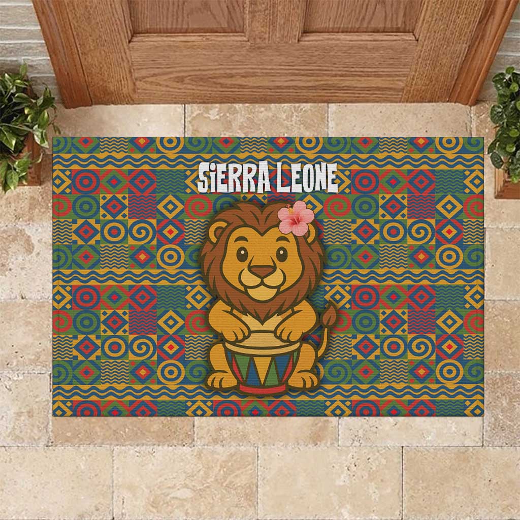 Sierra Leone Rubber Doormat with Cute Lion Playing Djembe Drum and Tribal Pattern Design