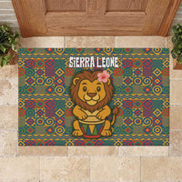 Sierra Leone Rubber Doormat with Cute Lion Playing Djembe Drum and Tribal Pattern Design