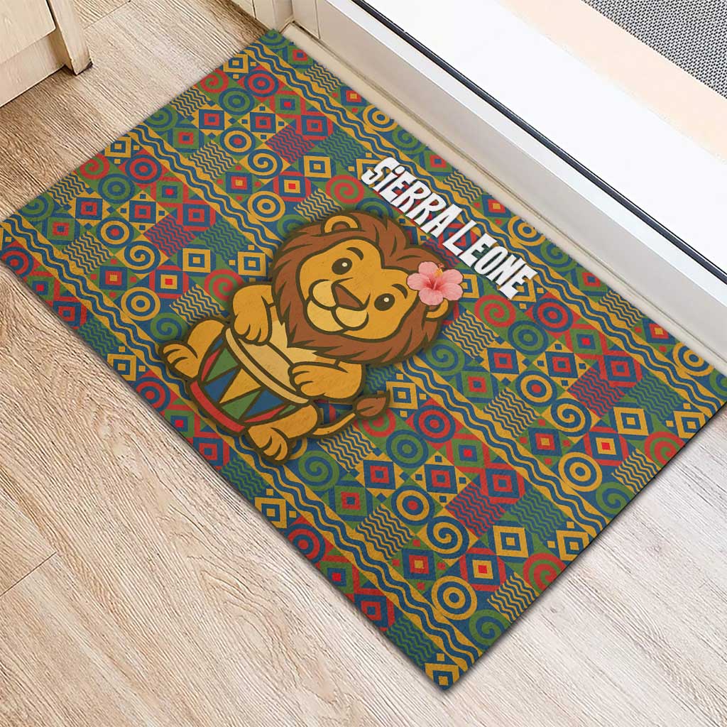 Sierra Leone Rubber Doormat with Cute Lion Playing Djembe Drum and Tribal Pattern Design