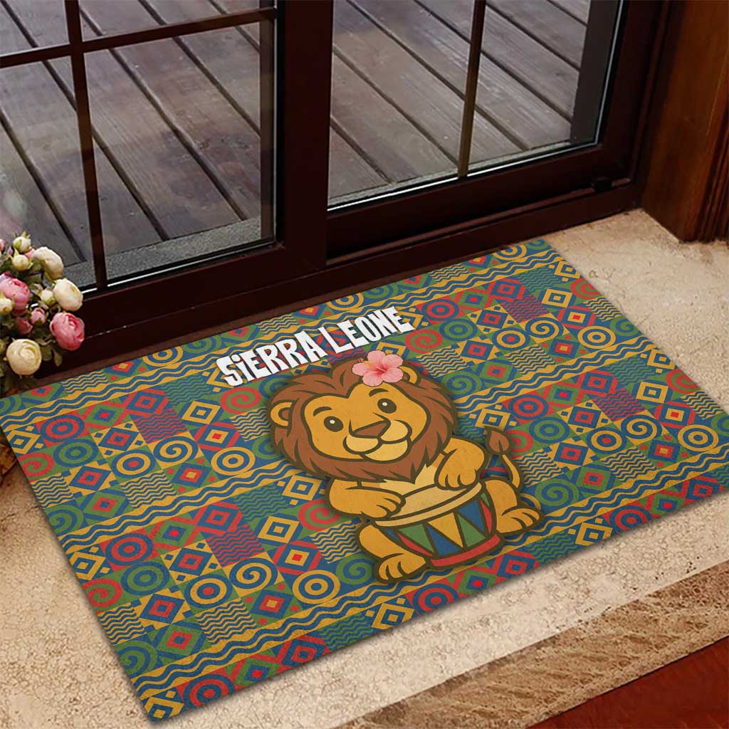 Sierra Leone Rubber Doormat with Cute Lion Playing Djembe Drum and Tribal Pattern Design