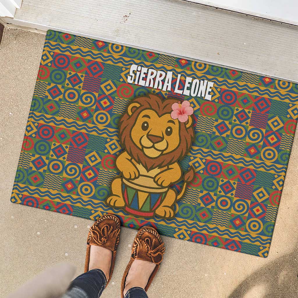 Sierra Leone Rubber Doormat with Cute Lion Playing Djembe Drum and Tribal Pattern Design