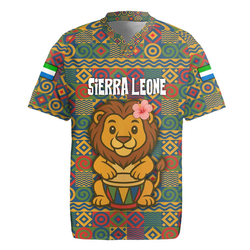 Sierra Leone Rugby Jersey with Cute Lion Playing Djembe Drum and Tribal Pattern Design