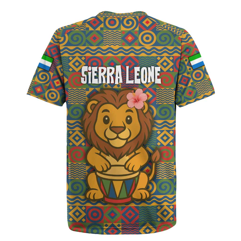 Sierra Leone Rugby Jersey with Cute Lion Playing Djembe Drum and Tribal Pattern Design