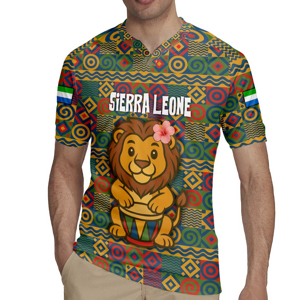 Sierra Leone Rugby Jersey with Cute Lion Playing Djembe Drum and Tribal Pattern Design