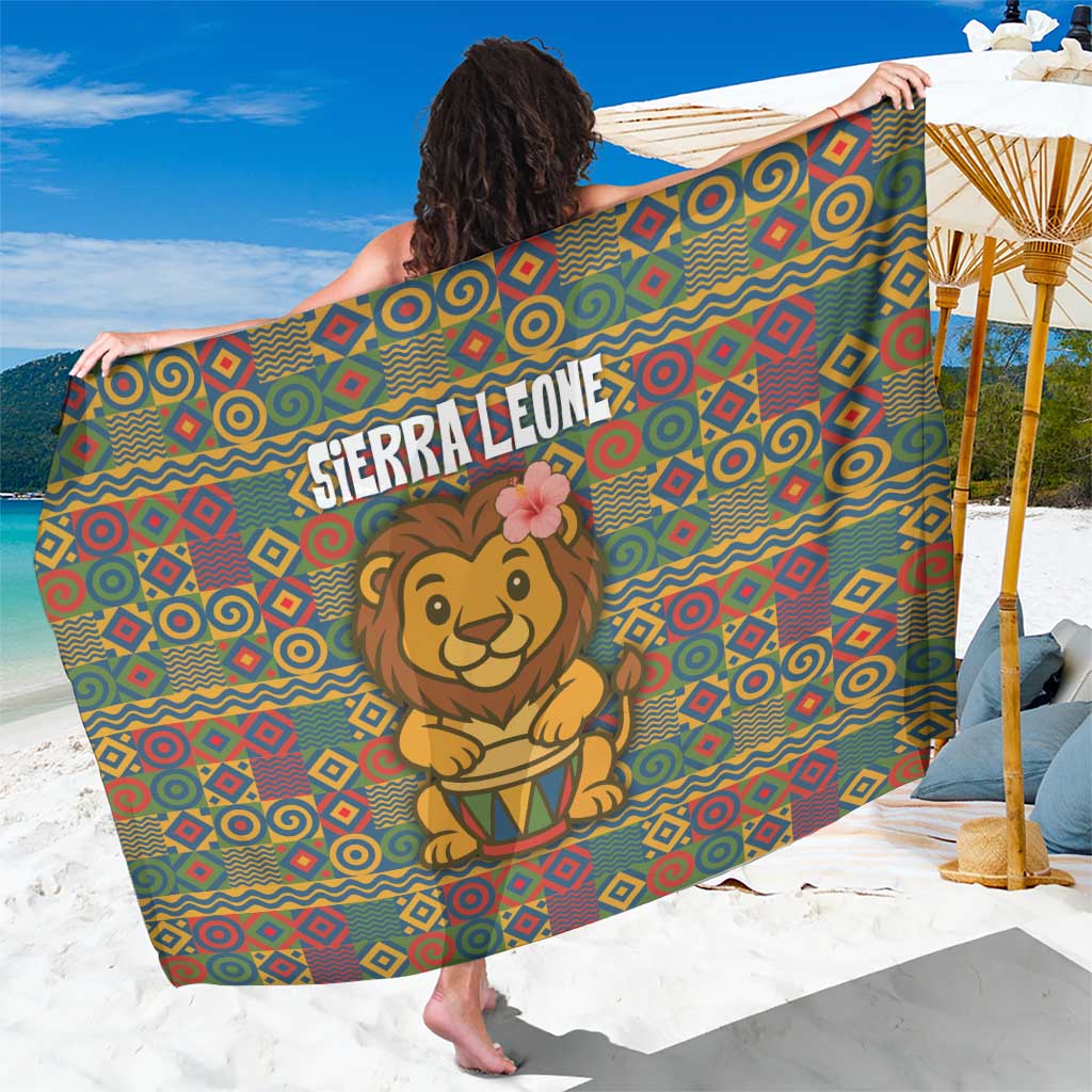 Sierra Leone Sarong with Cute Lion Playing Djembe Drum and Tribal Pattern Design