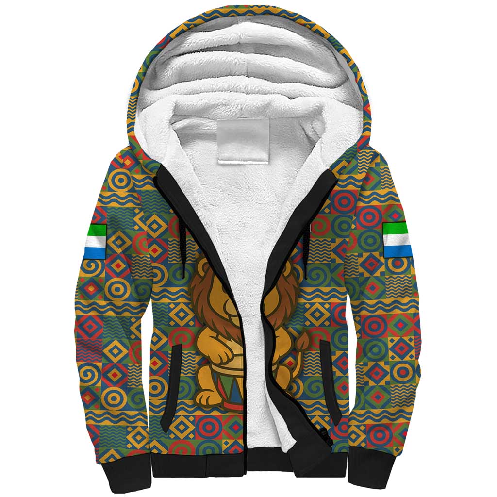Sierra Leone Sherpa Hoodie with Cute Lion Playing Djembe Drum and Tribal Pattern Design