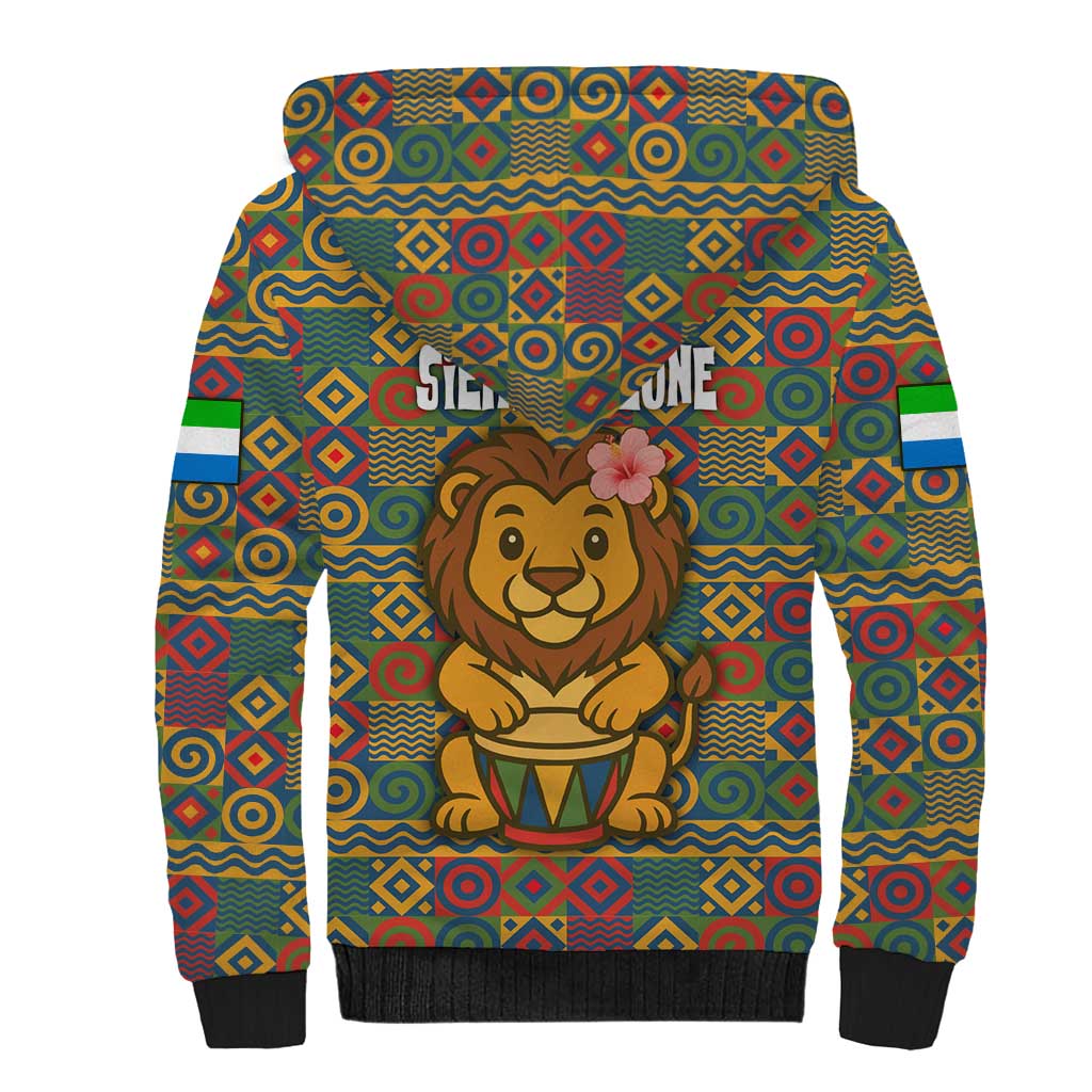 Sierra Leone Sherpa Hoodie with Cute Lion Playing Djembe Drum and Tribal Pattern Design