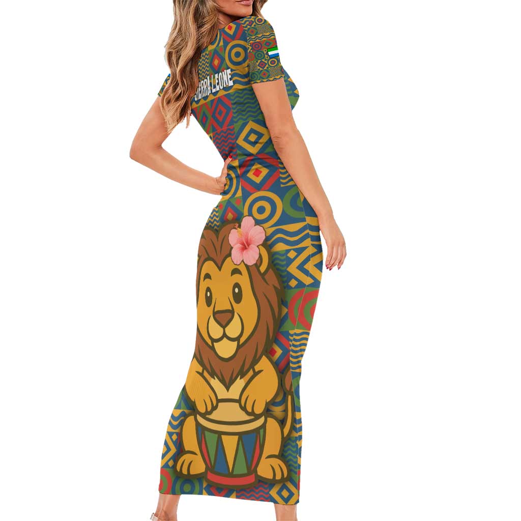 Sierra Leone Short Sleeve Bodycon Dress with Cute Lion Playing Djembe Drum and Tribal Pattern Design