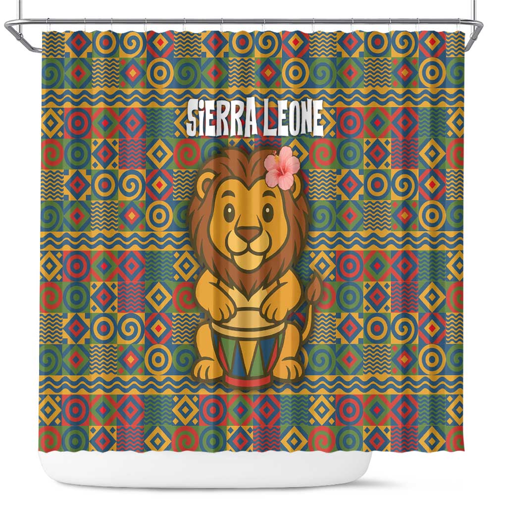 Sierra Leone Shower Curtain with Cute Lion Playing Djembe Drum and Tribal Pattern Design