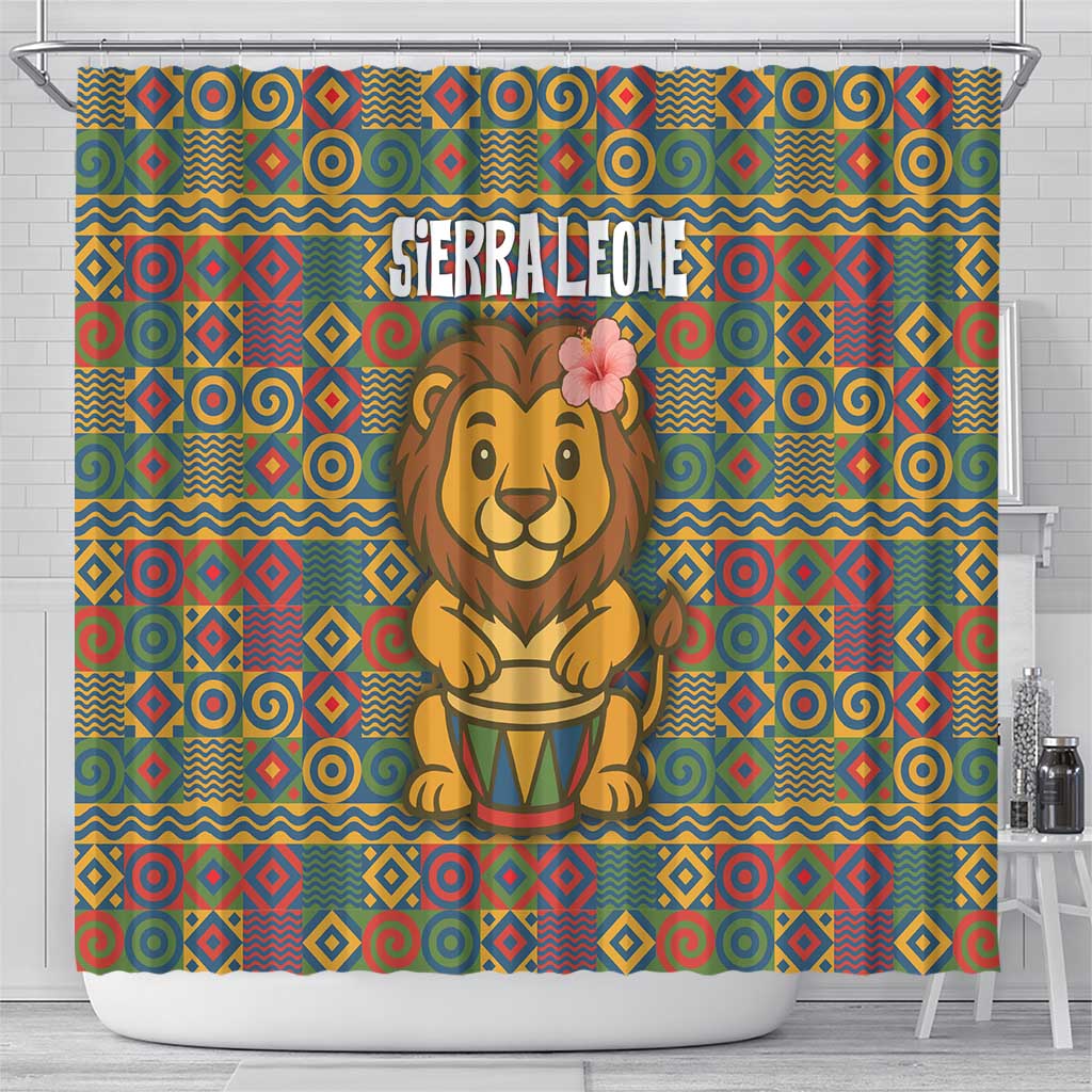 Sierra Leone Shower Curtain with Cute Lion Playing Djembe Drum and Tribal Pattern Design