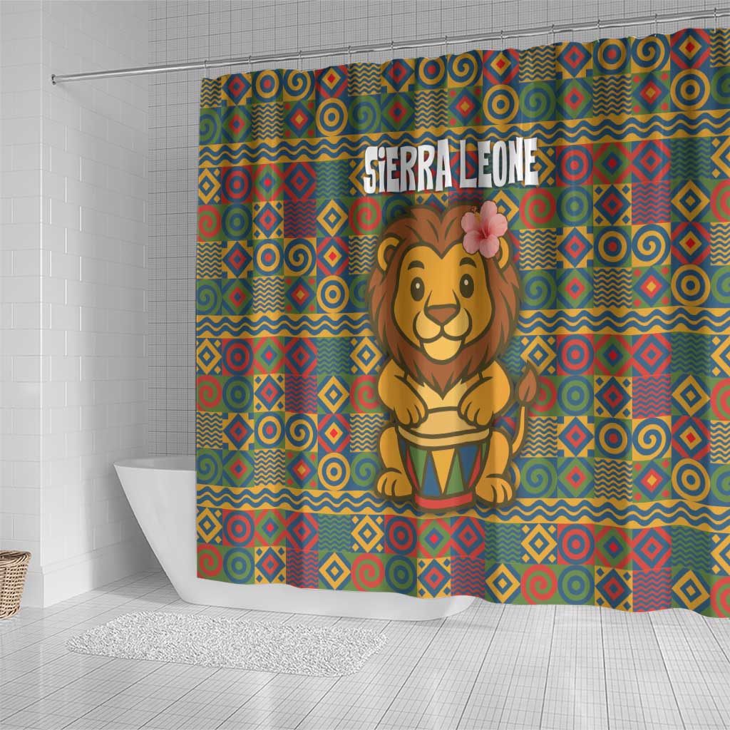 Sierra Leone Shower Curtain with Cute Lion Playing Djembe Drum and Tribal Pattern Design