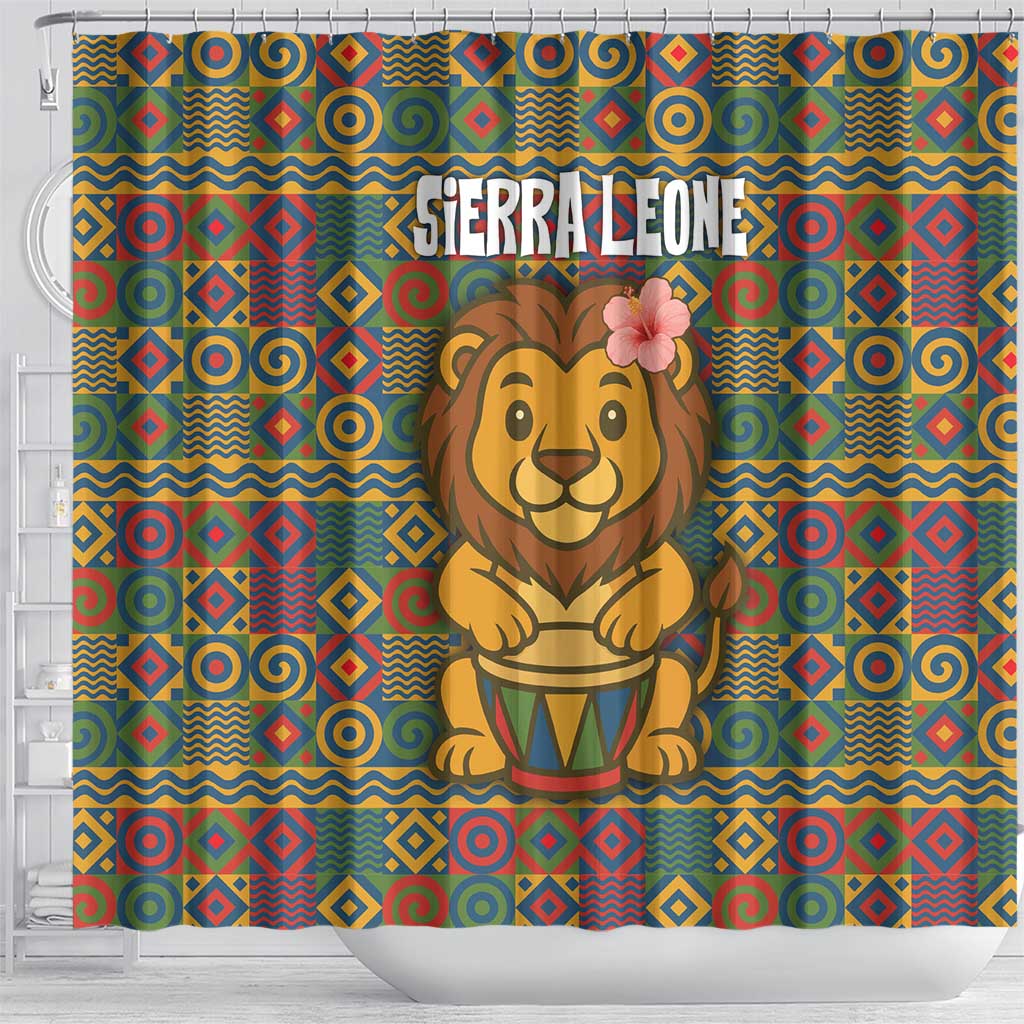 Sierra Leone Shower Curtain with Cute Lion Playing Djembe Drum and Tribal Pattern Design