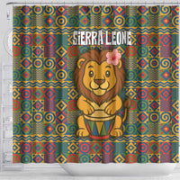 Sierra Leone Shower Curtain with Cute Lion Playing Djembe Drum and Tribal Pattern Design