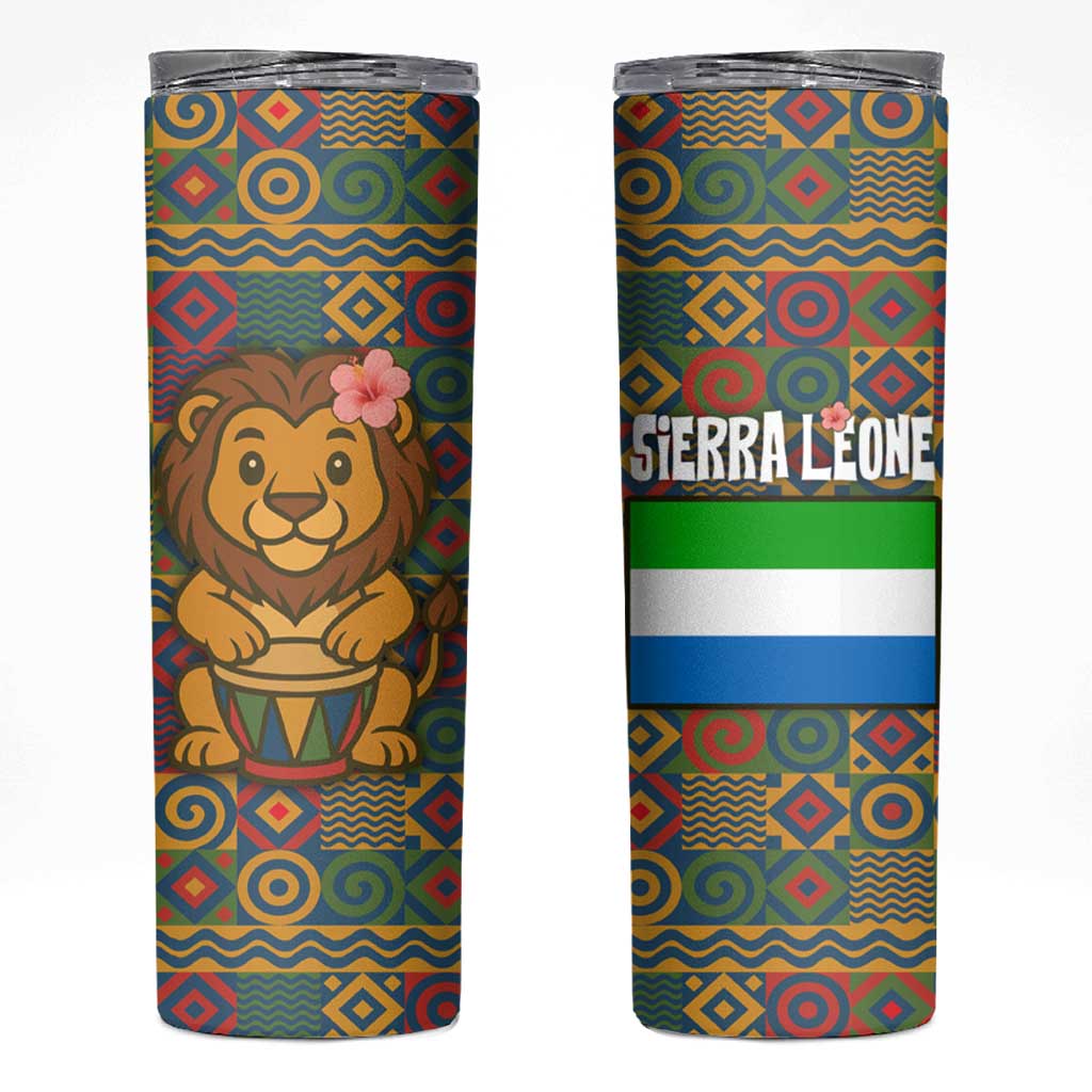 Sierra Leone Skinny Tumbler with Cute Lion Playing Djembe Drum and Tribal Pattern Design