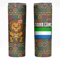 Sierra Leone Skinny Tumbler with Cute Lion Playing Djembe Drum and Tribal Pattern Design