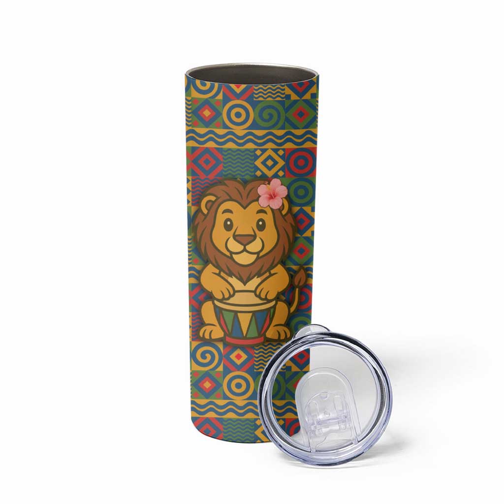 Sierra Leone Skinny Tumbler with Cute Lion Playing Djembe Drum and Tribal Pattern Design