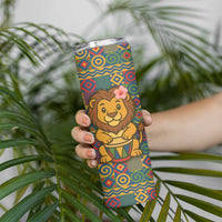 Sierra Leone Skinny Tumbler with Cute Lion Playing Djembe Drum and Tribal Pattern Design