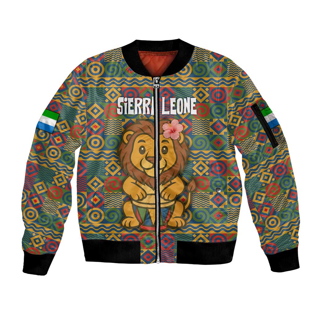 Sierra Leone Sleeve Zip Bomber Jacket with Cute Lion Playing Djembe Drum and Tribal Pattern Design