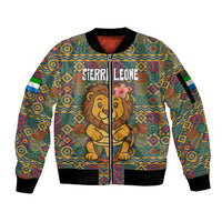 Sierra Leone Sleeve Zip Bomber Jacket with Cute Lion Playing Djembe Drum and Tribal Pattern Design