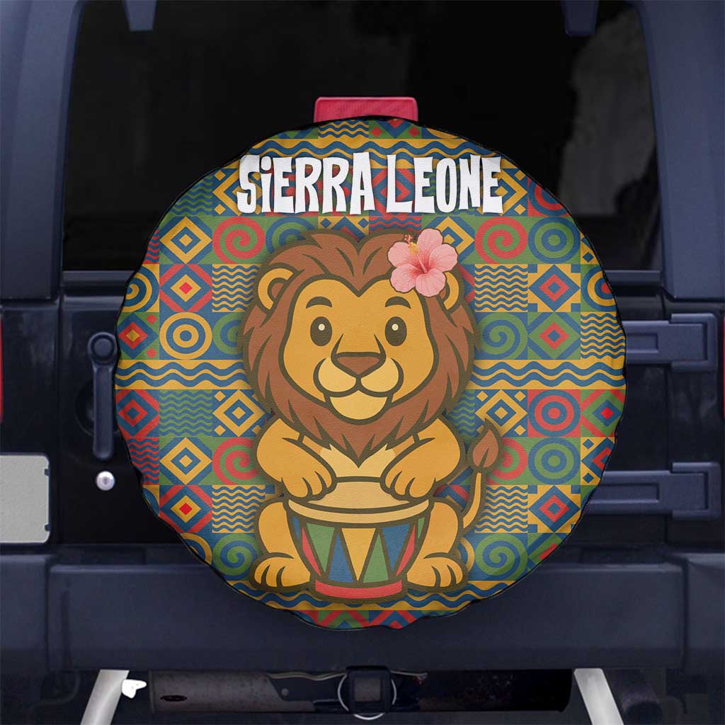 Sierra Leone Spare Tire Cover with Cute Lion Playing Djembe Drum and Tribal Pattern Design