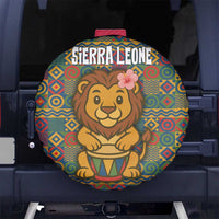 Sierra Leone Spare Tire Cover with Cute Lion Playing Djembe Drum and Tribal Pattern Design