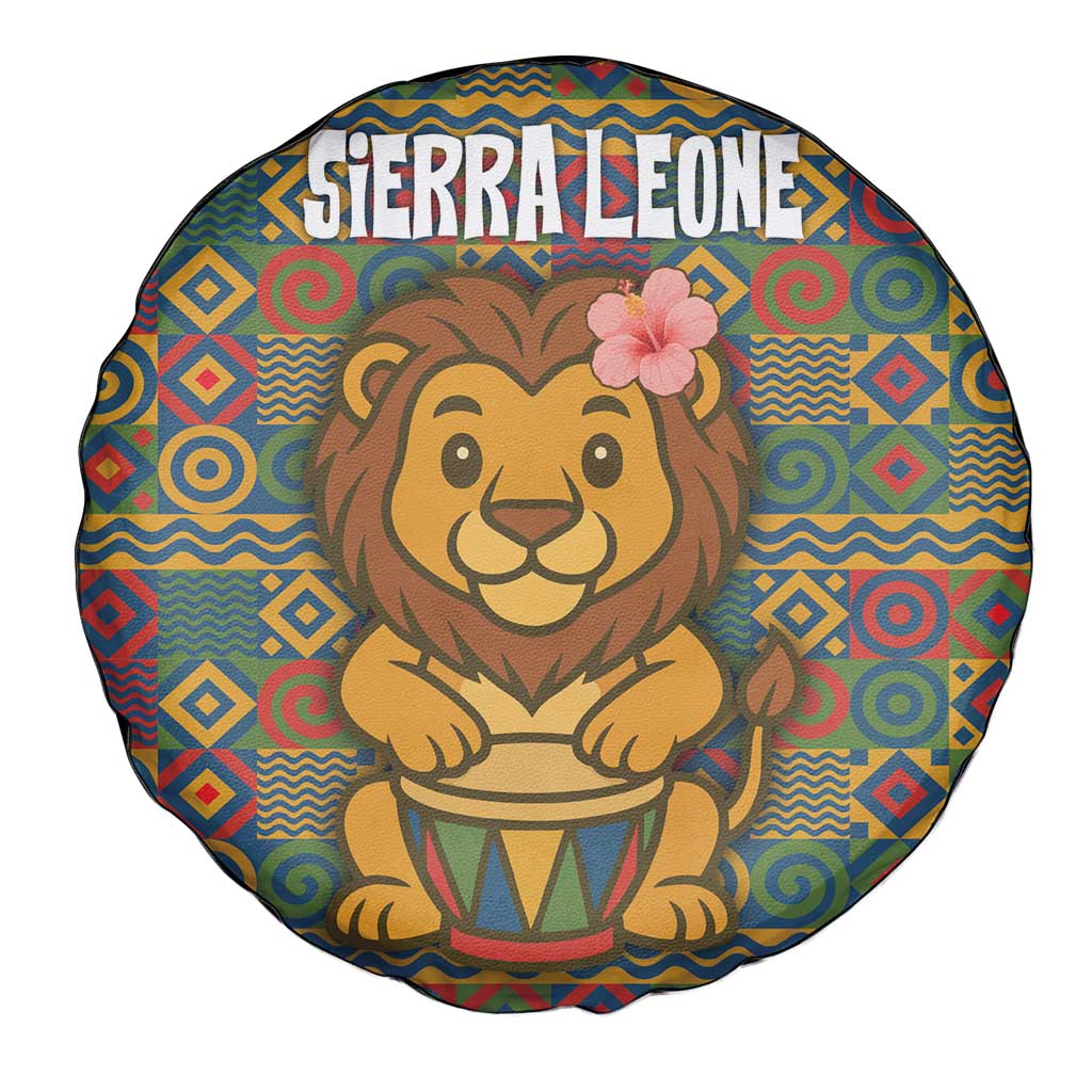 Sierra Leone Spare Tire Cover with Cute Lion Playing Djembe Drum and Tribal Pattern Design