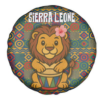 Sierra Leone Spare Tire Cover with Cute Lion Playing Djembe Drum and Tribal Pattern Design