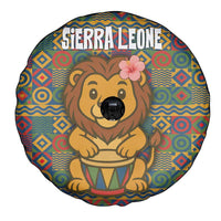 Sierra Leone Spare Tire Cover with Cute Lion Playing Djembe Drum and Tribal Pattern Design