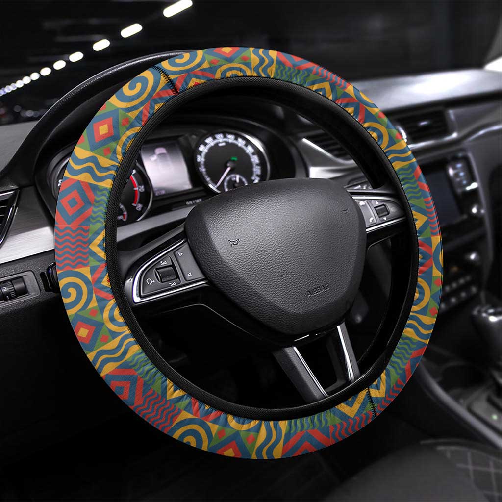 Sierra Leone Steering Wheel Cover with Cute Lion Playing Djembe Drum and Tribal Pattern Design