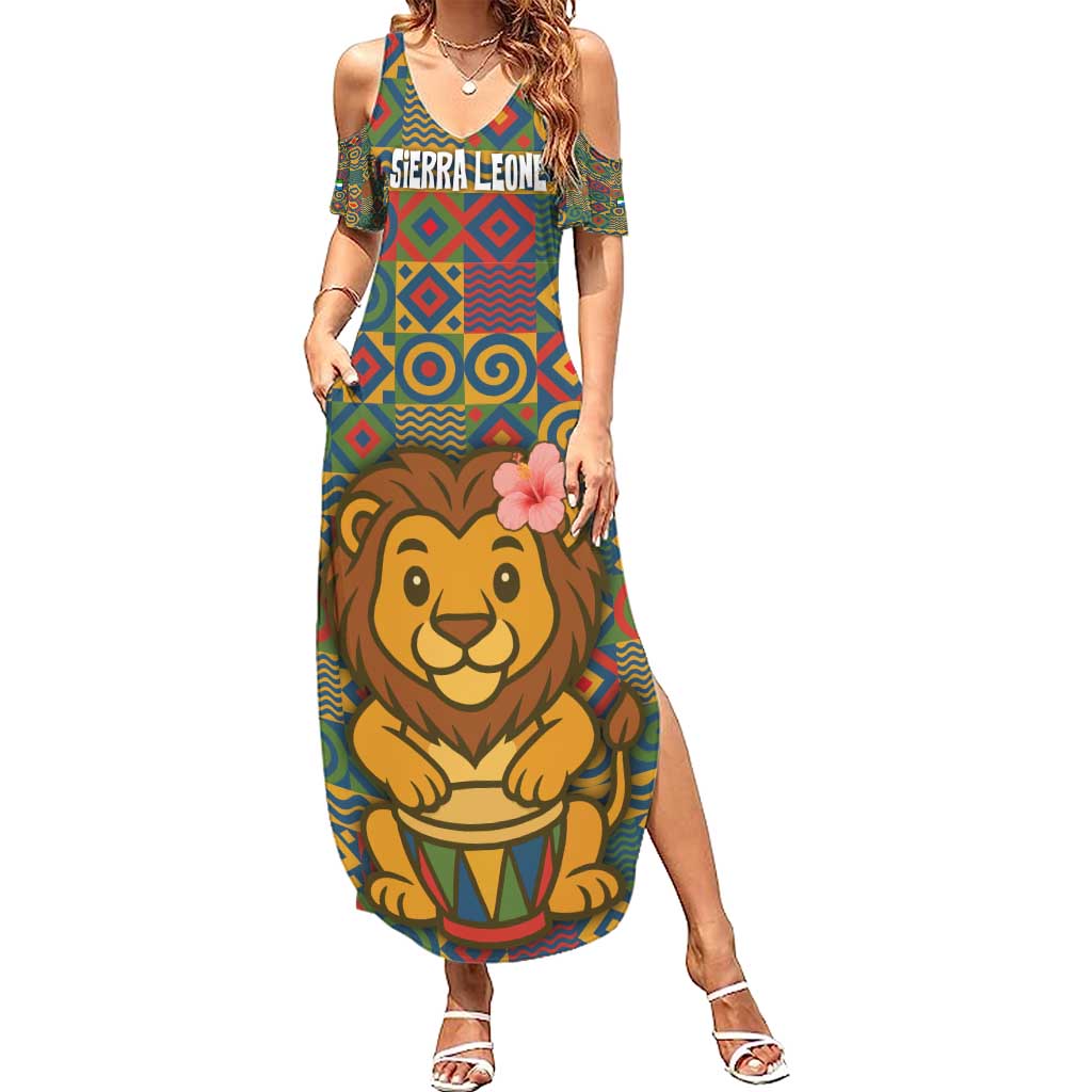 Sierra Leone Summer Maxi Dress with Cute Lion Playing Djembe Drum and Tribal Pattern Design