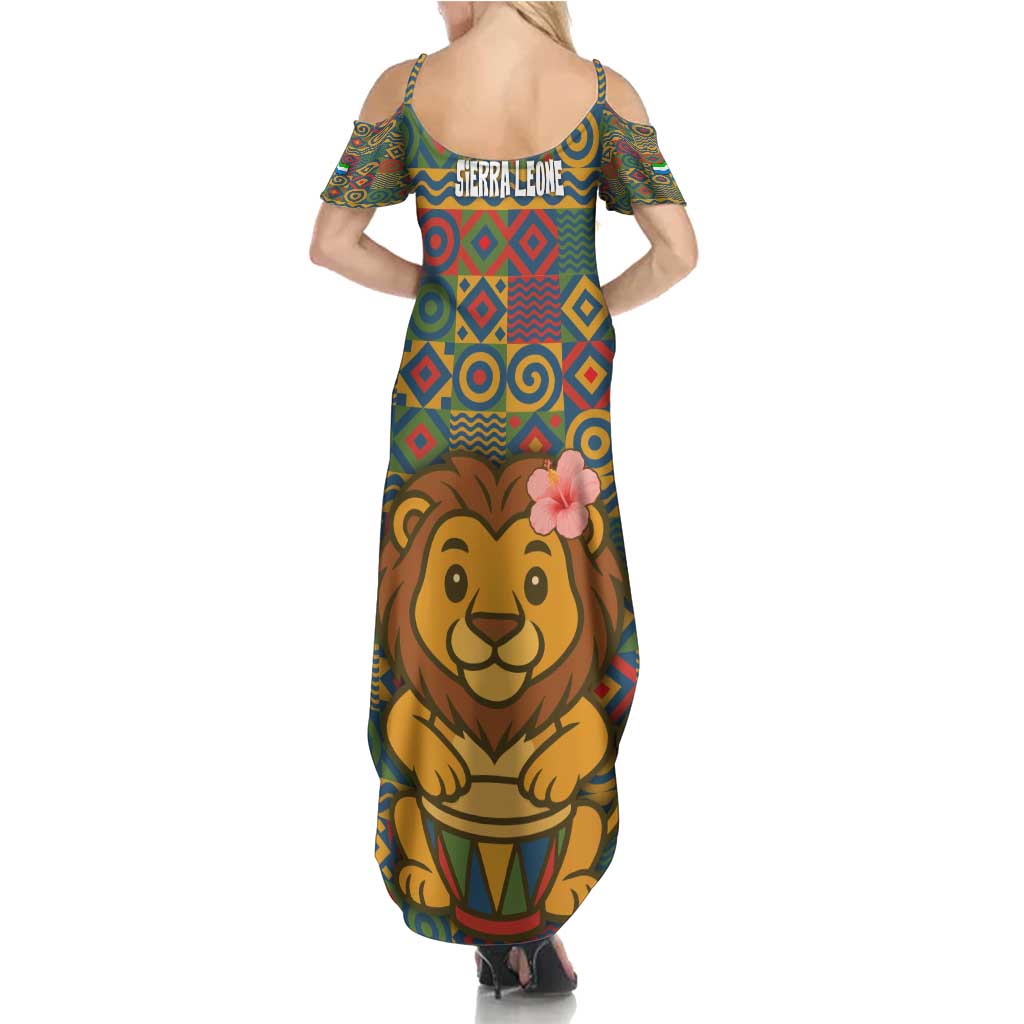 Sierra Leone Summer Maxi Dress with Cute Lion Playing Djembe Drum and Tribal Pattern Design
