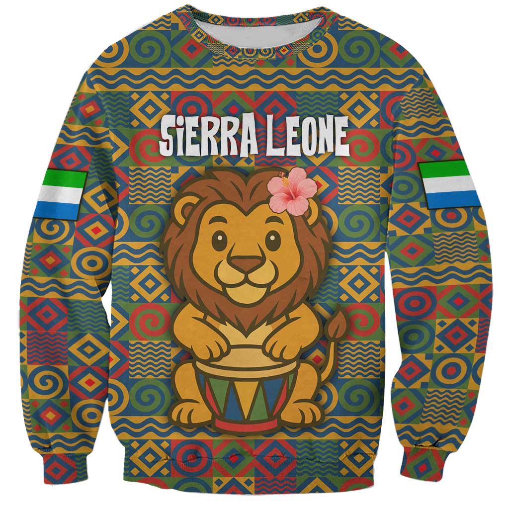 Sierra Leone Sweatshirt with Cute Lion Playing Djembe Drum and Tribal Pattern Design