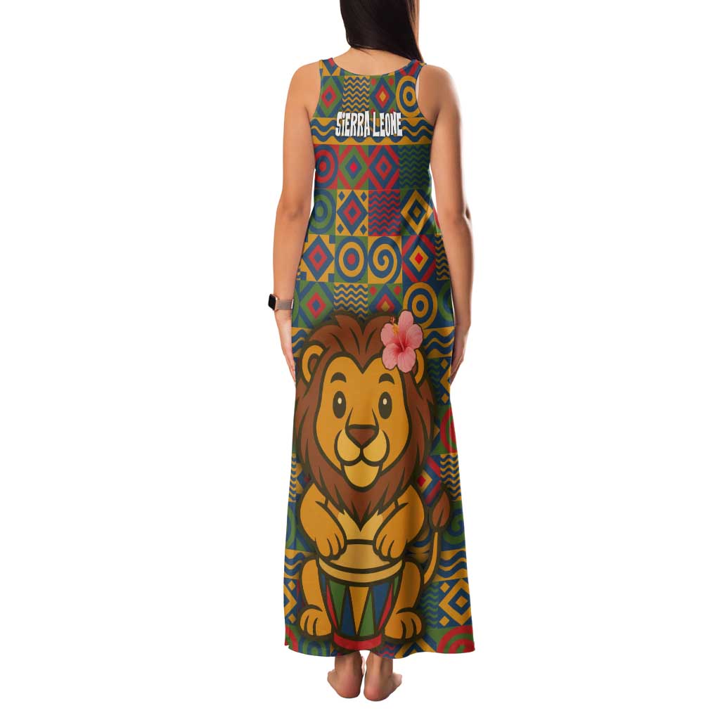 Sierra Leone Tank Maxi Dress with Cute Lion Playing Djembe Drum and Tribal Pattern Design
