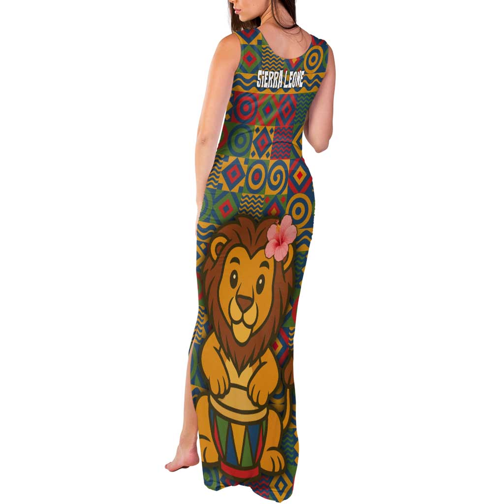 Sierra Leone Tank Maxi Dress with Cute Lion Playing Djembe Drum and Tribal Pattern Design