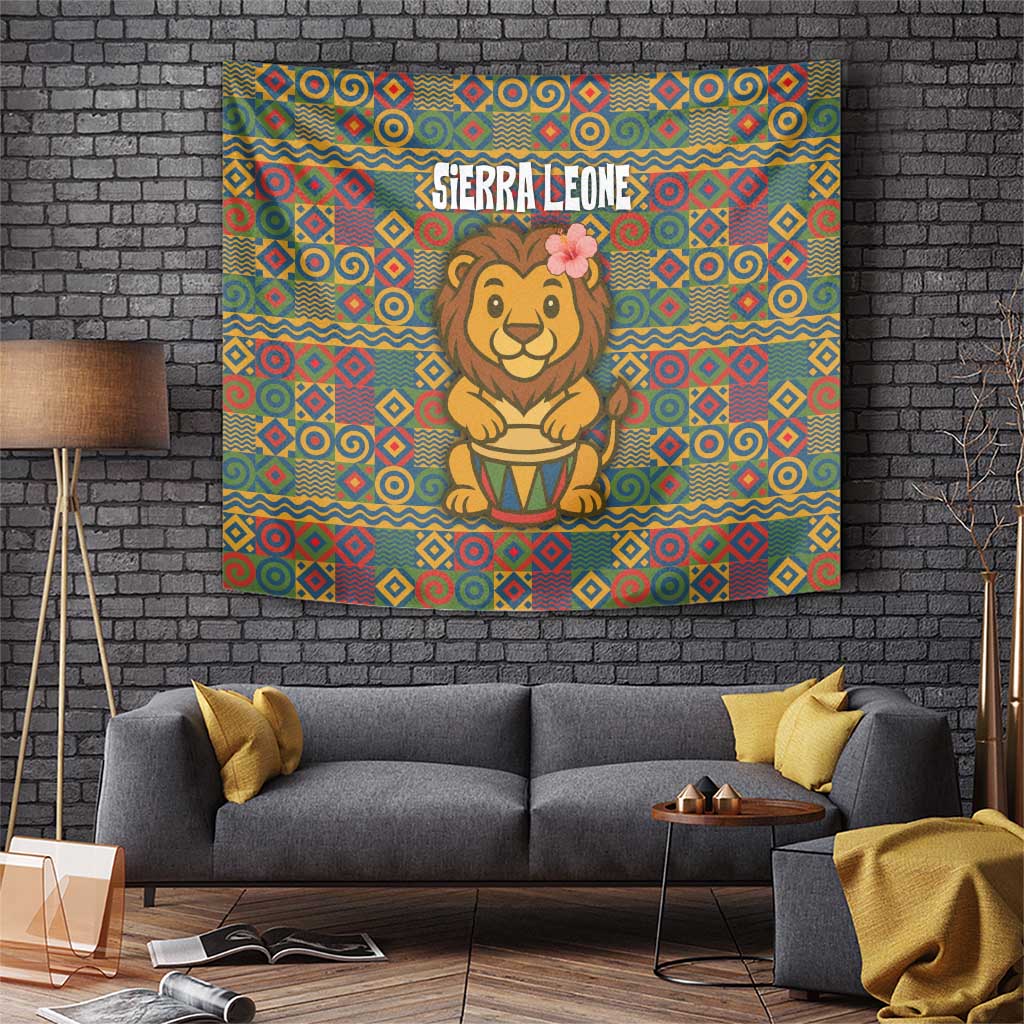 Sierra Leone Tapestry with Cute Lion Playing Djembe Drum and Tribal Pattern Design
