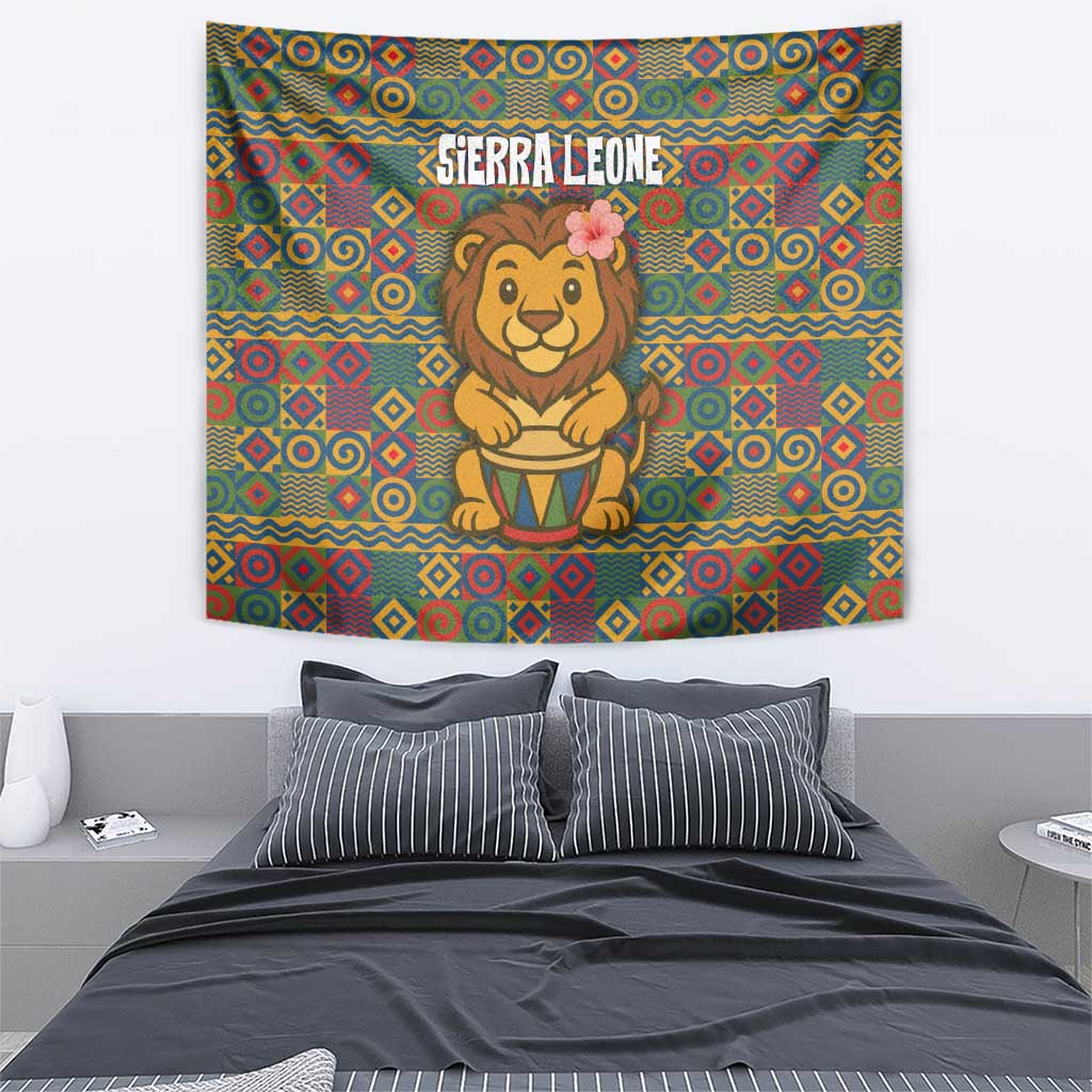 Sierra Leone Tapestry with Cute Lion Playing Djembe Drum and Tribal Pattern Design