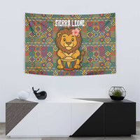 Sierra Leone Tapestry with Cute Lion Playing Djembe Drum and Tribal Pattern Design