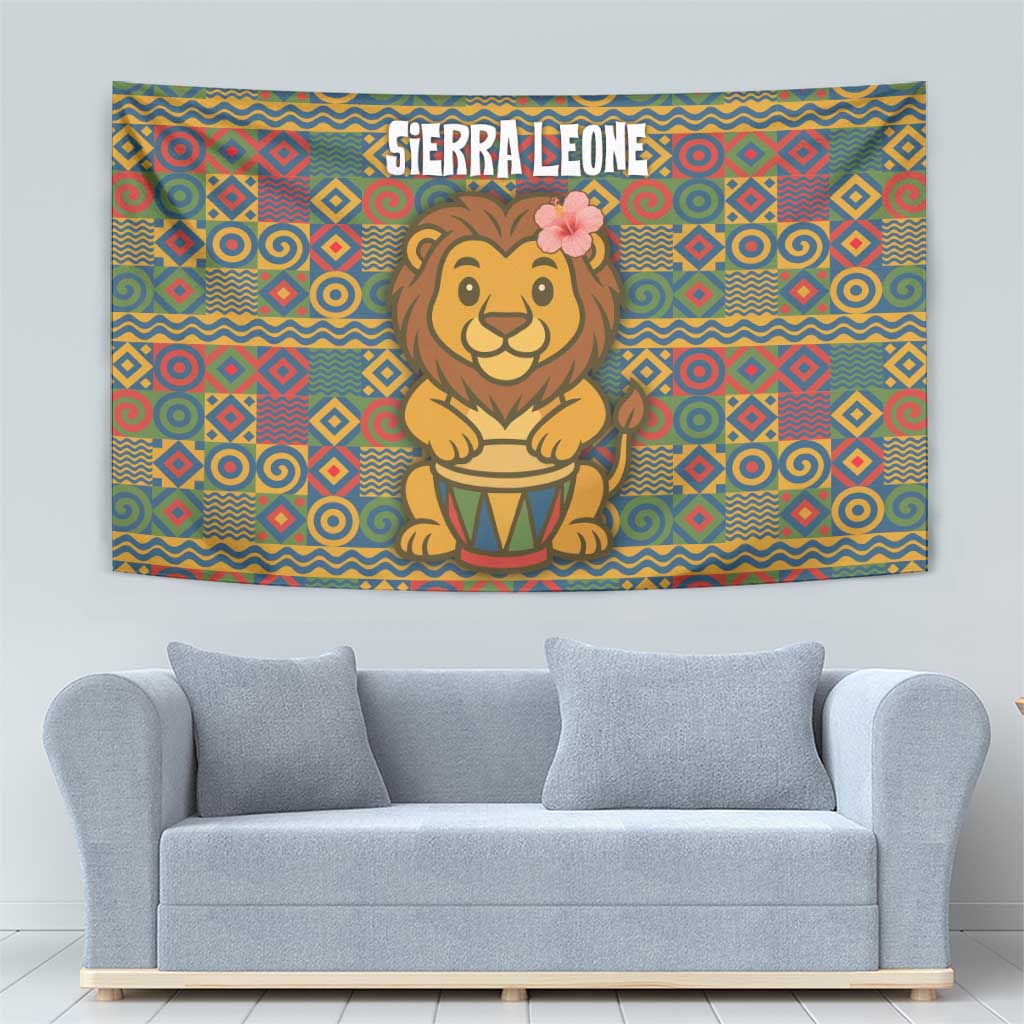 Sierra Leone Tapestry with Cute Lion Playing Djembe Drum and Tribal Pattern Design