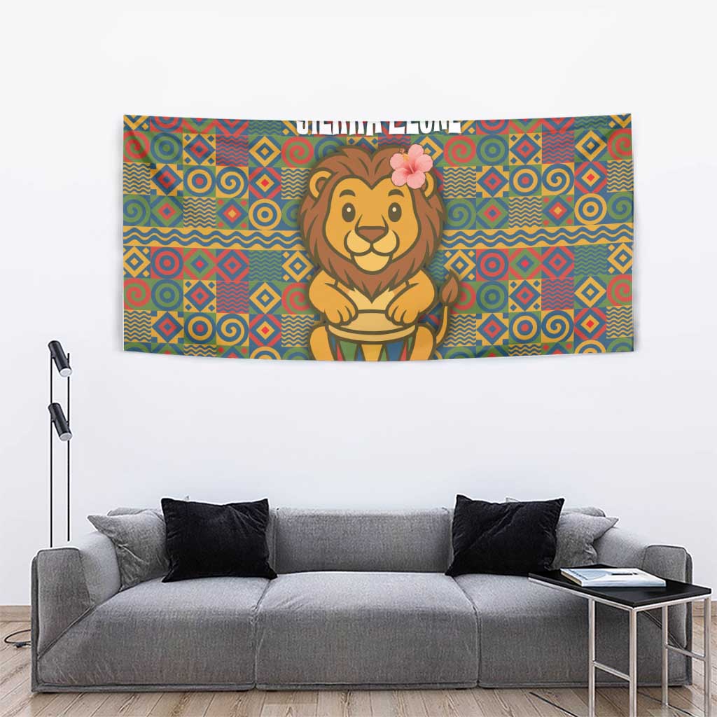 Sierra Leone Tapestry with Cute Lion Playing Djembe Drum and Tribal Pattern Design