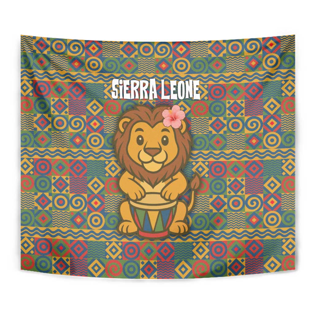 Sierra Leone Tapestry with Cute Lion Playing Djembe Drum and Tribal Pattern Design
