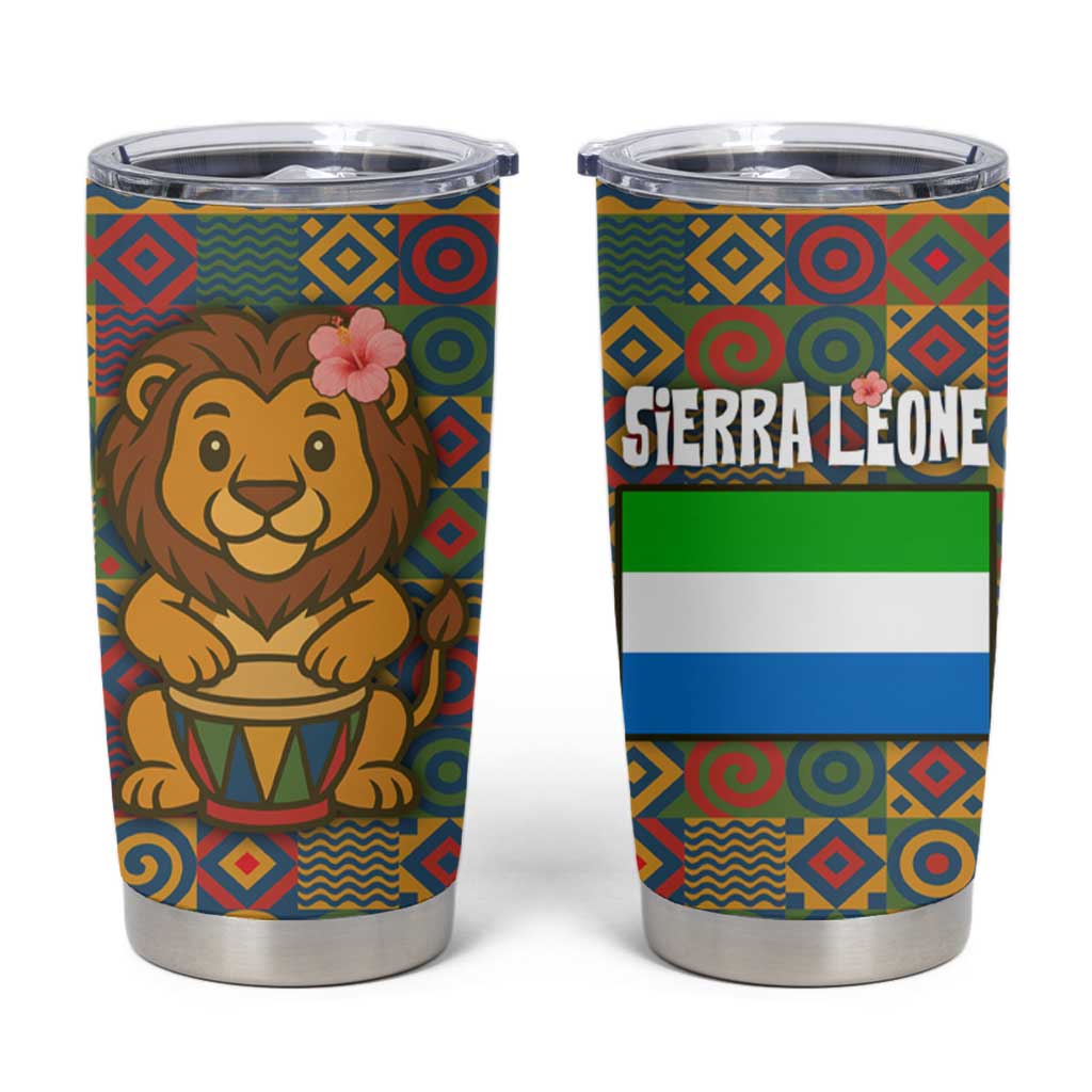 Sierra Leone Tumbler Cup with Cute Lion Playing Djembe Drum and Tribal Pattern Design